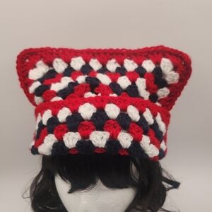 Handmade Unisex Granny Square Red White & Blue Cat Ear Beanie Patriotic Sack Hat